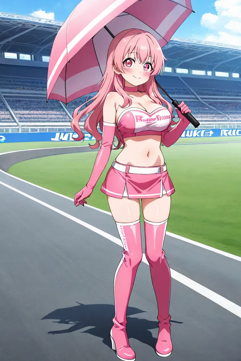 anime screencap, 1girl, solo, looking at viewer, full body, race queen, pink clothes, pink bandeau top, crop top, midriff, navel, pink miniskirt, pink elbow gloves, thighhighs, pink long boots, pink hair, long hair, pink eyes, large breasts,  smile, blush,...