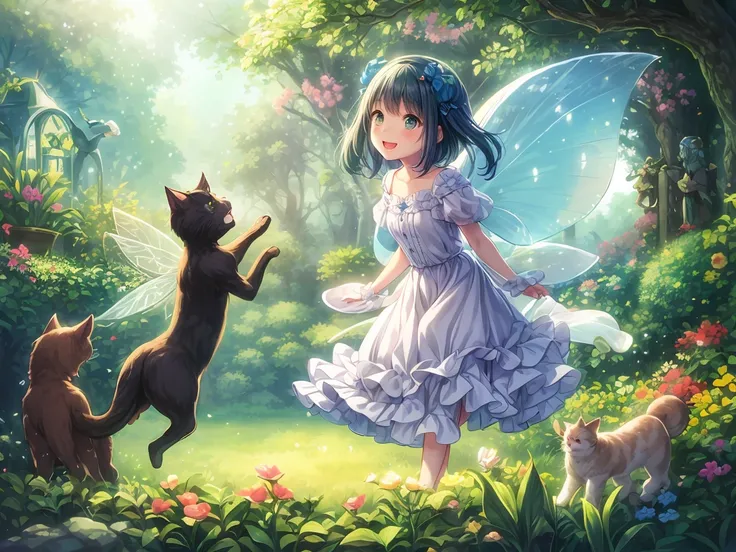 An enchanting illustration featuring two cute human girls with gentle smiles and playful expressions, accompanied by three adorable cats in various playful poses. Nearby, a delicate fairy with shimmering wings floats gracefully, adding a touch of magic. Th...