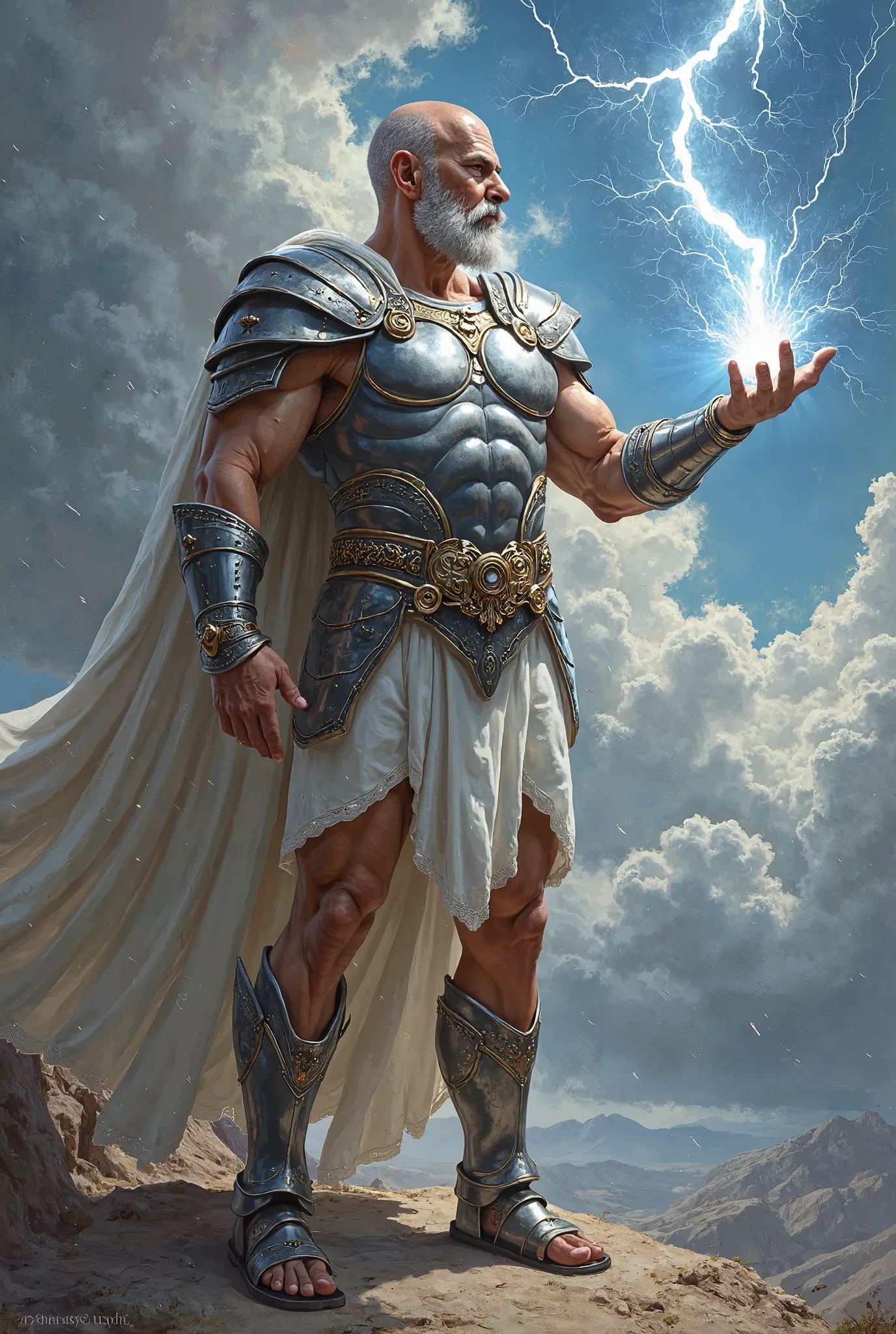 Zues holds a lightning bolt, skinny, shinning silver armor, sandal, slightly bald, moustache