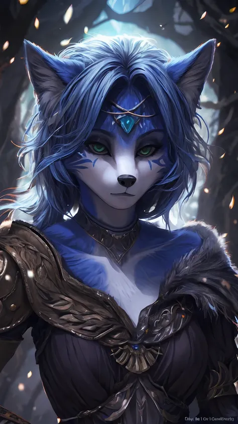 ((krystal)), Star Fox-Krystal, lovable,       green eyes, (((   Long blue hair 1  .3))),  cleavage, anthro, blurred,  detailed Fluffys fell,    detailedes Gesicht , (Fluffy),      1 girl, ,woman, Goth,       green eyes, Undercut,  Ultrarealistic 8k CG   , ...