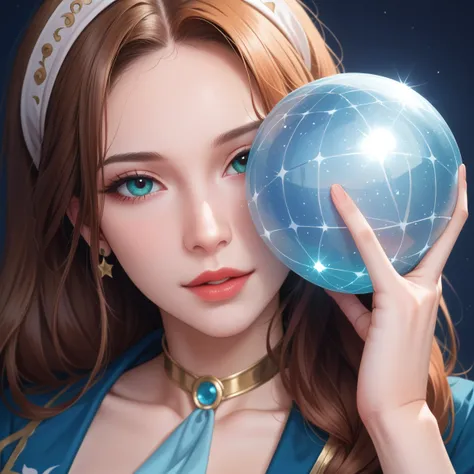 ((facing front:1.5)),Female fortune teller. Attractive, beautiful and mysterious. She wears a blue cloak and has distinct features. The atmosphere is bright and sparkling, full of anxiety and anticipation. A fortune teller is standing there. The body is fa...