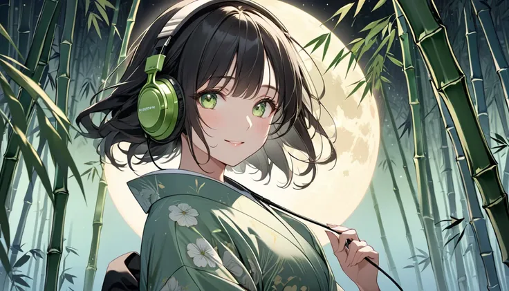 A close-up night-time illustration of a young woman with black hair, wearing a traditional Japanese yukata, gazing sensually at the viewer in a serene bamboo forest under the moonlight. Her yukata has a soft sage green base adorned with delicate brown and ...