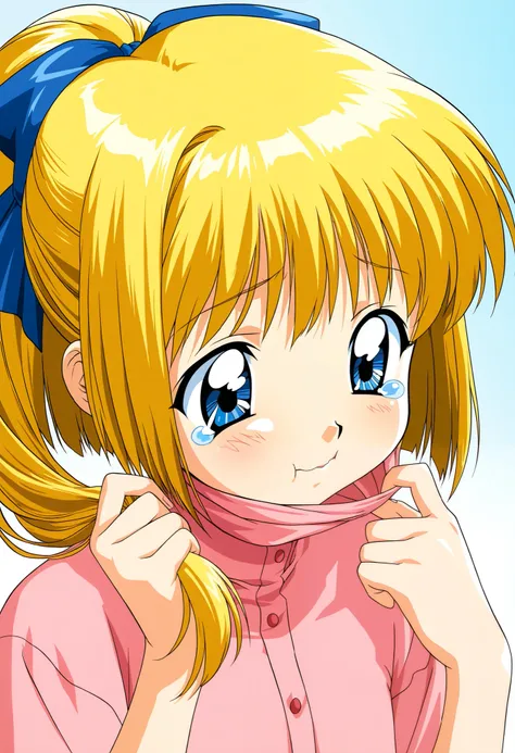 2000s anime style 1girl, blonde hair, blue eyes, bob cut, one ponytail, bow on ponytail, big eyes cute face (teary face) (pulling own hair) 