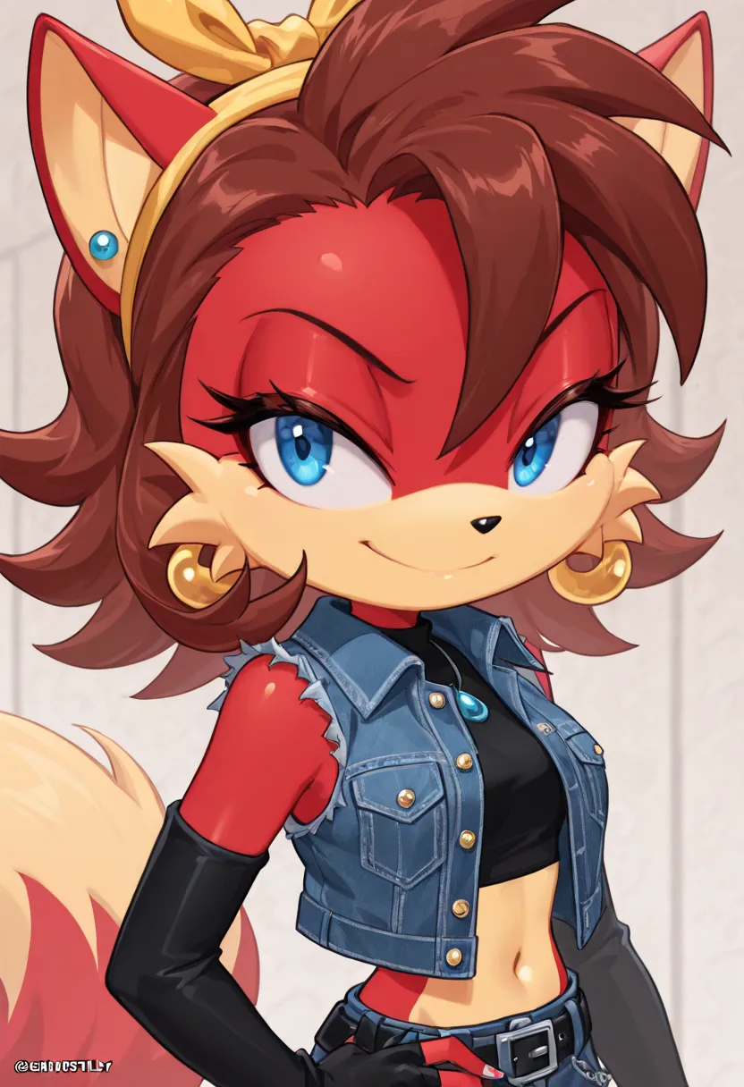 close-up of woman with pink hair smiling for the camera with blue jacket, 1girl, solo, hairband, denim jacket, jewelry, earrings, nail polish, jacket,evnstnly,Fiona the Fox, 1girl, blue eyes, brown hair, medium hair, red fur, yellow fur, two-tone fur, bare...