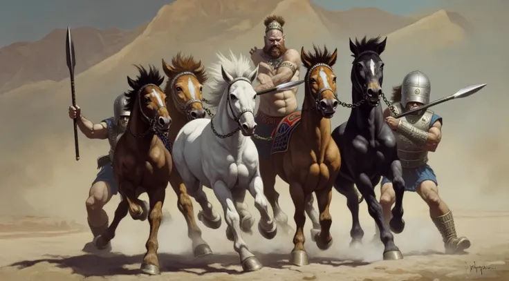 Hercules is leading four horses, each a different color: caramel, white, brown, and black. The horses are behind him, being pulled by chains. Two Greek guards, armed with spears, surround Hercules, preventing him from moving forward with the animals. The g...