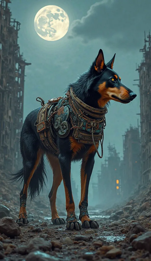 Gearhound stands upright, his mechanical leg gleaming in the moonlight, as he surveys the ruins of a once-great city. His striking Ombré coat, gradating from deep black at his paws to warm brown at his shoulders, seems to shimmer in the lunar glow, as if t...