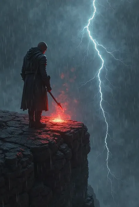 Epic cinematic scene: A lone blacksmith stands at the edge of a cliff during a storm, holding glowing red steel. Lightning strikes in the background, illuminating his determined face. The forge flames mix with storm winds, surreal and symbolic. Dark, drama...