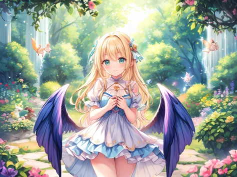 An enchanting illustration featuring two cute human girls with gentle smiles and playful expressions, accompanied by three adorable cats in various playful poses. Nearby, a delicate fairy with shimmering wings floats gracefully, adding a touch of magic. Th...