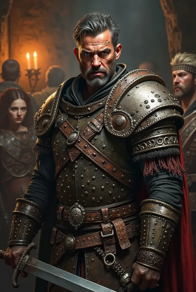 Make an imposing medieval warrior, wearing studded leather armor and mesh quota, with a long sword in his hand and a shield on his back. His face is covered in battle scars,  and their eyes convey wisdom and determination . He is in a dark tavern, Candleli...