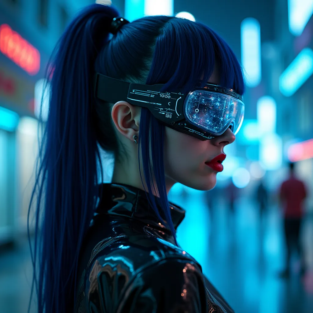 A futuristic cyberpunk woman with super straight, dark blue hair styled into a sleek high ponytail, exuding confidence and power. She wears high-tech augmented reality (AR) or virtual reality (VR) goggles, reflecting lines of glowing data, code, and hologr...