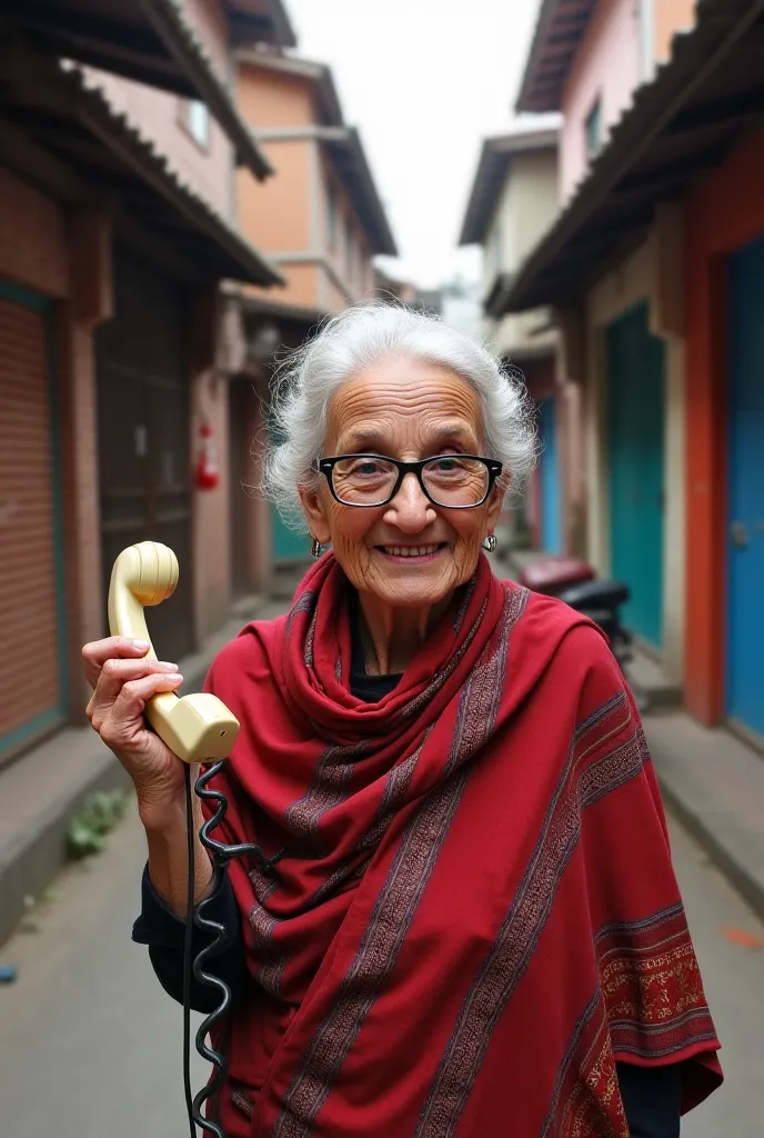 An elderly grandmother with glasses, wearing a traditional shawl, walking down a narrow street. She holds an old button phone in her hand with a satisfied and happy expression. The background shows a typical urban alley with small shops, brick walls, or ho...