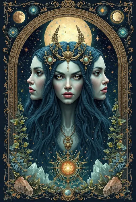 Hecate The triple goddess. 3 heads fill the picture. Beautiful frame with decorations. Crystals and medicinal herbs in the picture frame. Moon and stars in the background. Mystical atmosphere.