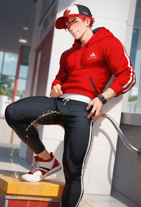 LiaqN.Red haired man.Handsome.Wearing a red hoodie cap Black Skinny Pants Hi Top Sneakers.He couldn't hold his pee. There is a large pee wet spot on his crotch. Pee stain on his pants. Pee wet spot on his crotch. He is ashamed of peeing himself