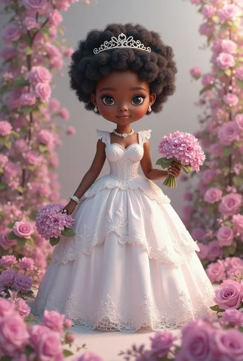 funko pop 3D illustration with no mouth and a black woman, Very fat overweight.
Short black afro hair with a thin tiara and short .  white princess-style dress With voluminous skirt and marked waist, this model provides a romantic and feminine look.
The bo...