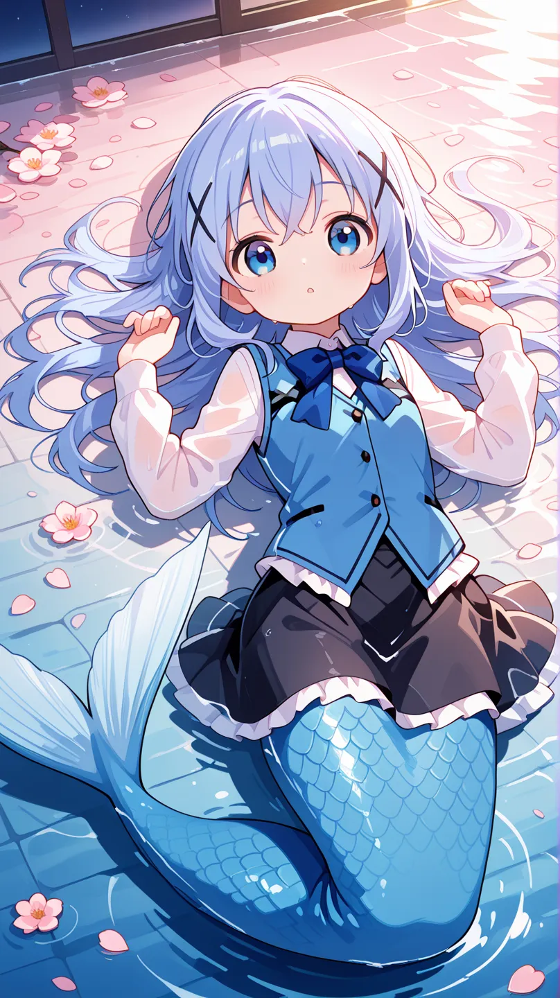 1girl, blue eyes, chino_kafu, periwinkle colored hair, tiny, cute, innocent, long hair, hair ornament, blue hair, dynamic pose, mermaid, light blue tail, lay on, on back, submerged, water surface, water ripple, water, sakura, flower petals, dusk, evening, ...