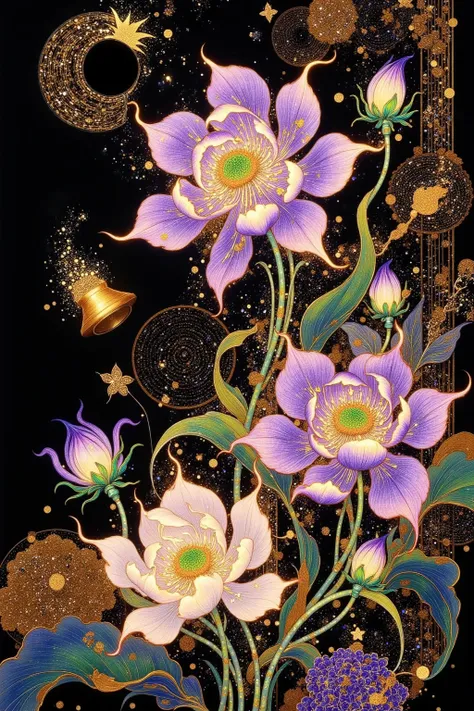 purple  flowers and gold  bells are on a black background, Extremely detailed painting inspired by Victor Nizovtsev,  Behance contest winning work , Psychedelic Art,  flowers and gold ,  Surrealist Art Nouveau  , A gorgeous gilded space machine,  anime Art...