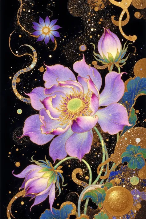 purple  flowers and gold  bells are on a black background, Extremely detailed painting inspired by Victor Nizovtsev,  Behance contest winning work , Psychedelic Art,  flowers and gold ,  Surrealist Art Nouveau  , A gorgeous gilded space machine,  anime Art...