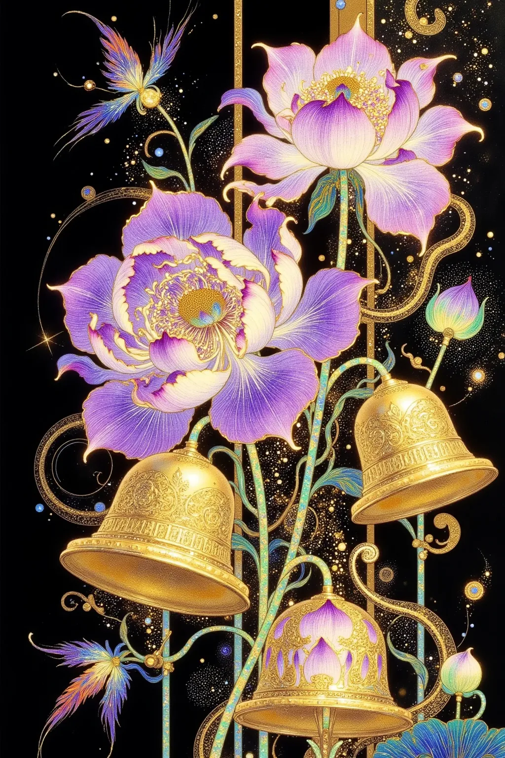 purple  flowers and gold  bells are on a black background, Extremely detailed painting inspired by Victor Nizovtsev,  Behance contest winning work , Psychedelic Art,  flowers and gold ,  Surrealist Art Nouveau  , A gorgeous gilded space machine,  anime Art...