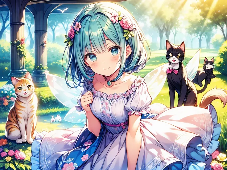 An enchanting illustration featuring two cute human girls with gentle smiles and playful expressions, accompanied by three adorable cats in various playful poses. Nearby, a delicate fairy with shimmering wings floats gracefully, adding a touch of magic. Th...