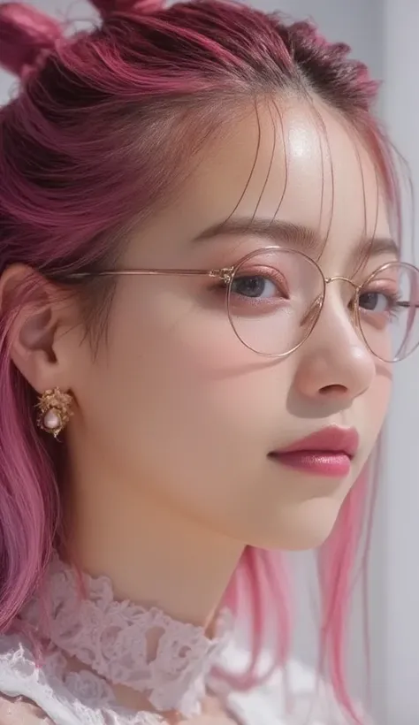 (A close-up photo of a woman, wearing glasses and with pink hair, Brandon Woelfel, artwork in the style of Guways, Dreamy Cyberpunk Girl, Guways, animated vibes, Glowwave Women's Portrait, amazing animated face portrait, Ross Tran 8k, beautiful animated po...