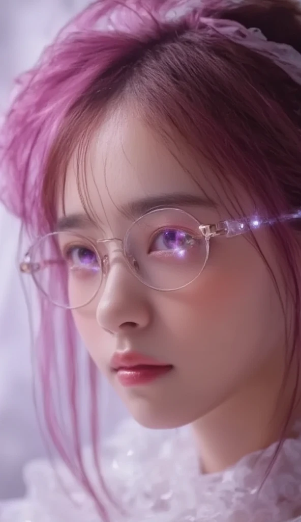 (A close-up photo of a woman, wearing glasses and with pink hair, Brandon Woelfel, artwork in the style of Guways, Dreamy Cyberpunk Girl, Guways, animated vibes, Glowwave Women's Portrait, amazing animated face portrait, Ross Tran 8k, beautiful animated po...