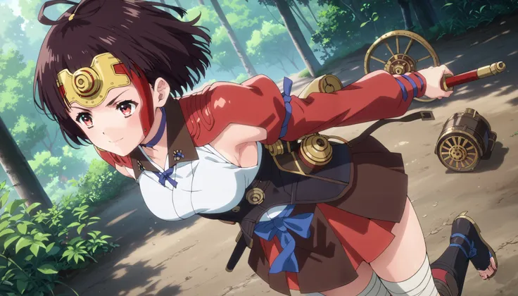 mumei, mumei (kabaneri), short hair, brown hair, black hair, red eyes, medium breasts, anime screencap, skirt, japanese clothes, choker, bandages, hakama, hakama skirt, hakama short skirt, bandaged leg, steampunk, corset, headgear, armpit cutout, 1girl, so...