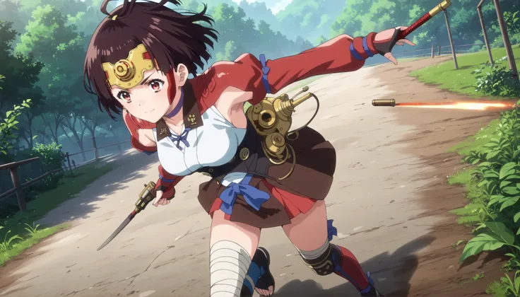 mumei, mumei (kabaneri), short hair, brown hair, black hair, red eyes, medium breasts, anime screencap, skirt, japanese clothes, choker, bandages, hakama, hakama skirt, hakama short skirt, bandaged leg, steampunk, corset, headgear, armpit cutout, 1girl, so...