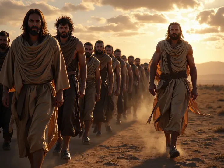 A cinematic scene depicting a group of people Brani who has just left the palace of the Pharaoh, their faces show a mixture of tension and hope. They walk in the desert towards Moses and Aaron, standing waiting in the distance with long robes fluttering in...