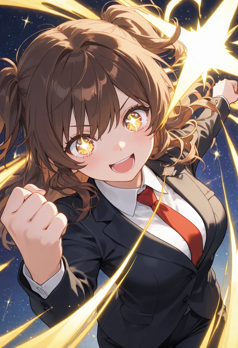 girl in suit , Hair swirling in strong winds  , Dynamic angle , clenched fists in left hand and stretched up  , excited expression  , to reach out to the my view , sparkling eyes , Star , Flash