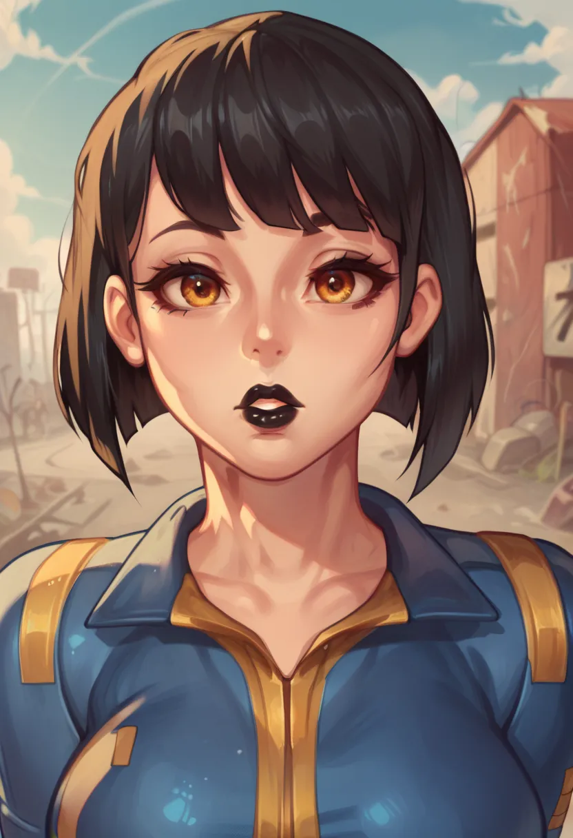 Vault girl from fallout with black bob-cut hair and hazel eyes, fallout vault leather jumpsuit, cute face with black lipstick and mascara, ear, (blunt bangs), black hair, (tareme, detailed amber eyes), curled eyelashes, shiny hair, beautiful detailed eyes,...