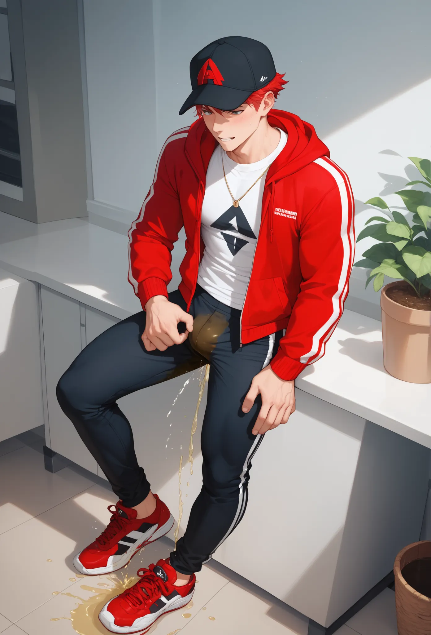 LiaqN.Red haired man.Handsome.Wearing a red hoodie cap Black Skinny Pants Hi Top Sneakers.He couldn't hold his pee. There is a large pee wet spot on his crotch. Pee stain on his pants. Pee wet spot on his crotch. He is ashamed of peeing himself