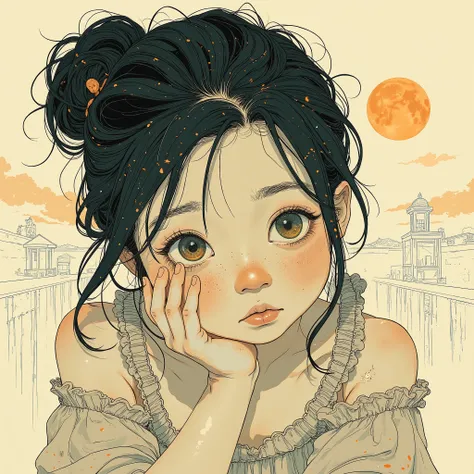 Ultra-detailed, high quality, (illustration of a girl with a worried expression resting her chin on her hand), lyrical atmosphere, delicate and precise strokes, shin-expressionism, soft medium hair, eyelashes, off-shoulder blouse, complex patterns of biomo...