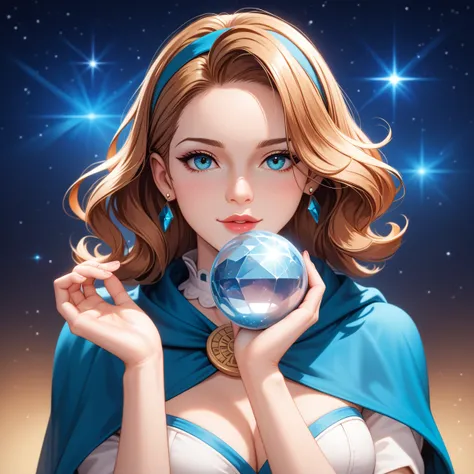 ((facing front:1.5)),Female fortune teller. Attractive, beautiful and mysterious. She wears a blue cloak and has distinct features. The atmosphere is bright and sparkling, full of anxiety and anticipation. A fortune teller is standing there. The body is fa...