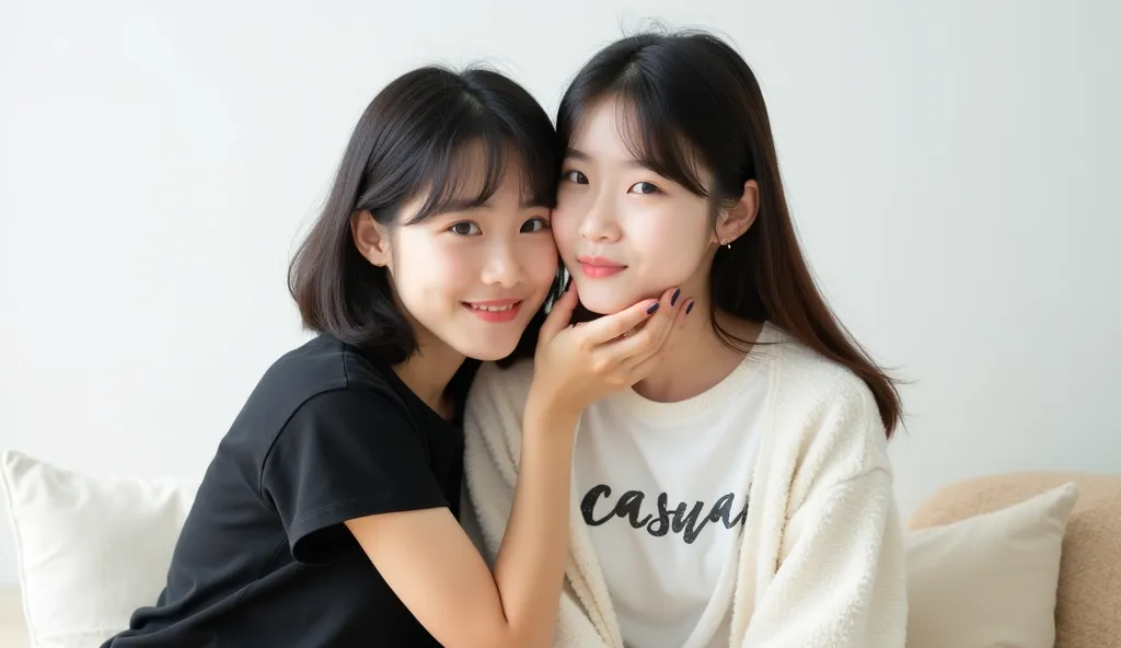 Two beautiful 21-year-old Japanese girls with fair skin are sitting together on a soft white background. One of the girls has short black hair with a friendly smile, wearing a black t-shirt, and is embracing her friend from behind with her hands around her...