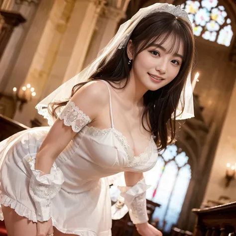 (TOP QUALITY, masterpiece:1.2), (realistic:1.3), (very detailed background,  detailed biography),  (( Great Toned Chest)), (Sexy lewd),  frill dress , (sheer, pure white dress with lace trim:1.4), Bridal Tiara,  Gorgeous parchment white wedding dress  , go...