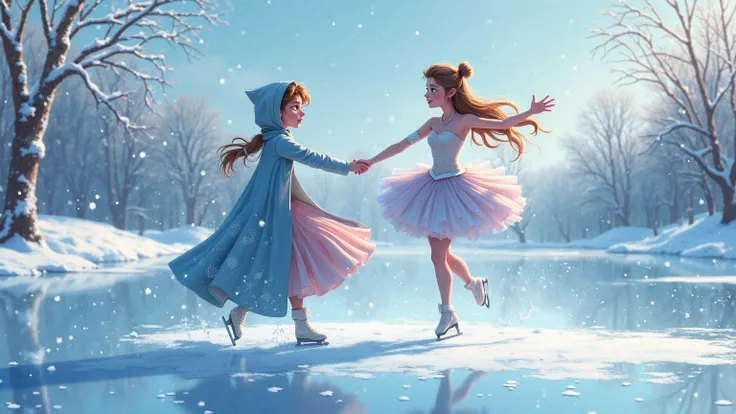 Illustration cartoon, winter season , s dancing in a tutu with volume,  and a hood . They are ice skating on a frozen lake like an ice rink in a winter setting the romantic background, Pixar watercolor ish style 