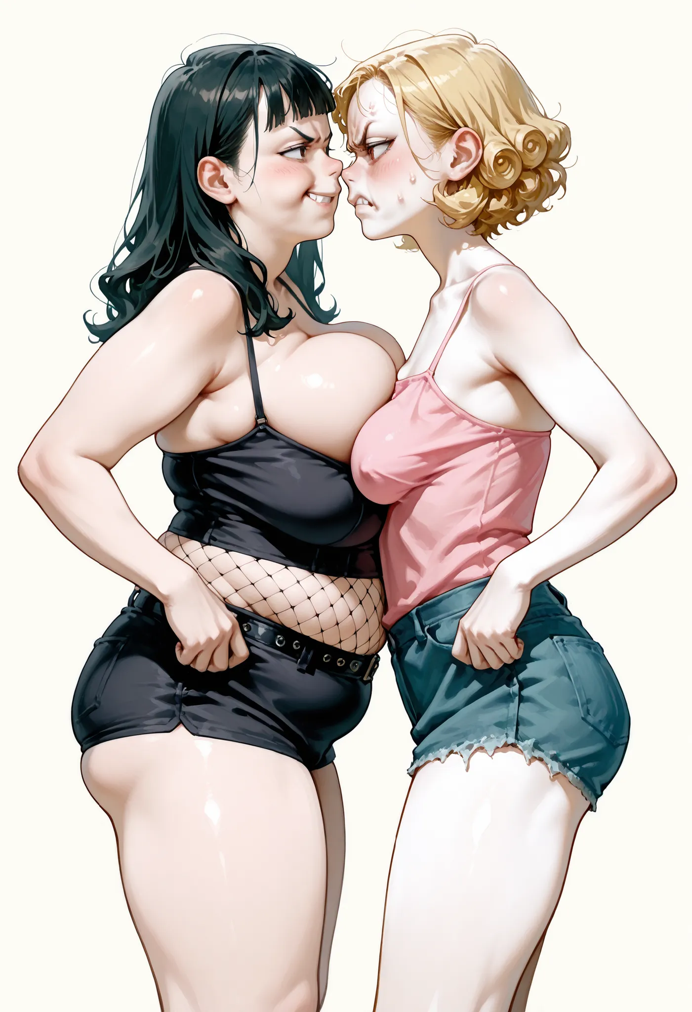 2 girls, (one very fat girl, one skinny girl:1.4), (angry and smug emotions), (wearing goth outfit), (wearing pink camisole and short shorts) (skindentation), , (stringy blonde hair) (curly black hair, goth fishnets), ((heavy breasts)), (:1.4), ((vibrant c...