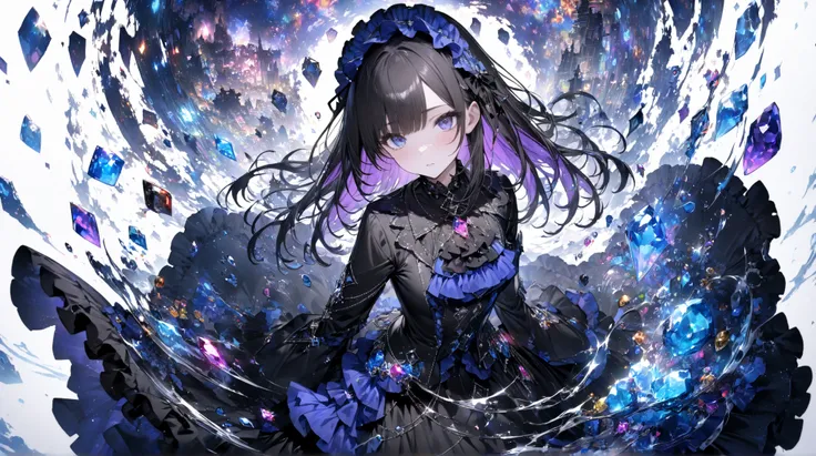 ( white background:1.5)(Anime Characters),(    with blue ruffles on a black gothic lolita suit   :1.5),(  A ruffled headdress with black hair inside  :1.2),(   long straight black hair :1.2),( Purple inner color :1.2),
Her pale appearance    ,    Sparkling...