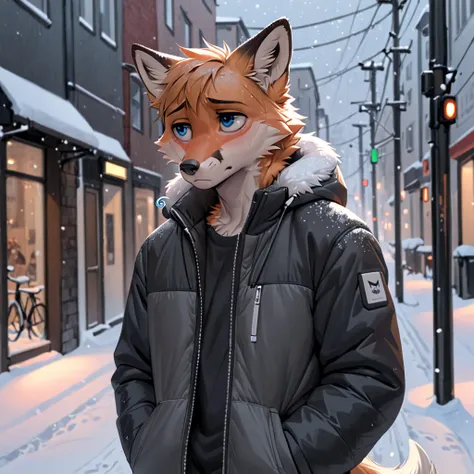 ((best quality)), (( Masterpiece )), ( details), 1 guy, dark down jacket,  fox,  gray jeans , blue eyes, on a snowy street, white airpods in the ears, sad face