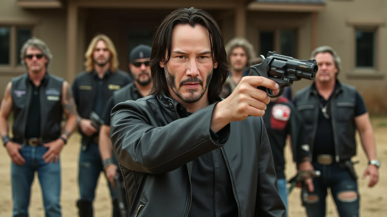 Take a photorealistic image, where full-length Keanu Reeves stands in front of a ranch, he holds a revolver in his hands. his eyes are full of tension and aggressiveness. behind him is a gang of armed aggressive bikers, dressed in leather vests. who look i...