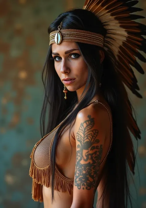 Create a scene with an Indian chief's daughter, by a confident woman with huge real breasts in a leather and feather miniskirt.  She has a long , flowing dark hair,  styled smoothly and straight , ,  cascading over her shoulders  . She is very slim and has...