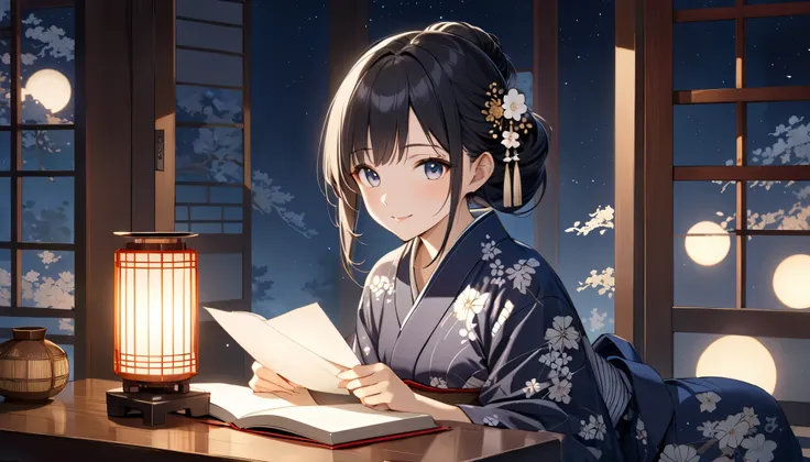 A close-up night-time illustration of a young woman with black hair, wearing a traditional Japanese yukata, sitting peacefully in a traditional Japanese tatami room while reading a book. Her yukata features a deep midnight blue base adorned with delicate s...