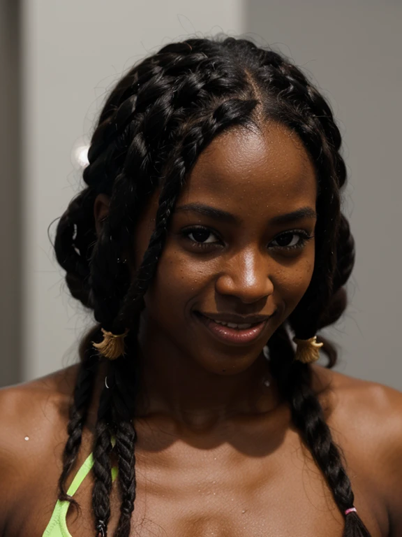 African black woman, very dark ebony skin, smile, dreadlocks chignon, Fitness musclular body, totally naked in winter sports, close-up portrait