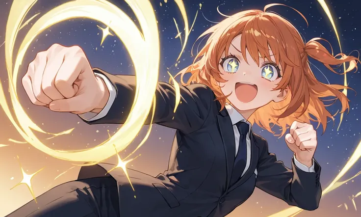 girl in suit , Hair swirling in strong winds  , Dynamic angle , clenched fists in left hand and stretched up  , excited expression  , to reach out to the my view , sparkling eyes , Star , Flash 