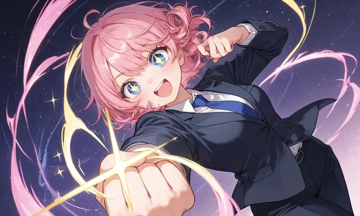 girl in suit , Hair swirling in strong winds  , Dynamic angle , clenched fists in left hand and stretched up  , excited expression  , to reach out to the my view , sparkling eyes , Star , Flash 