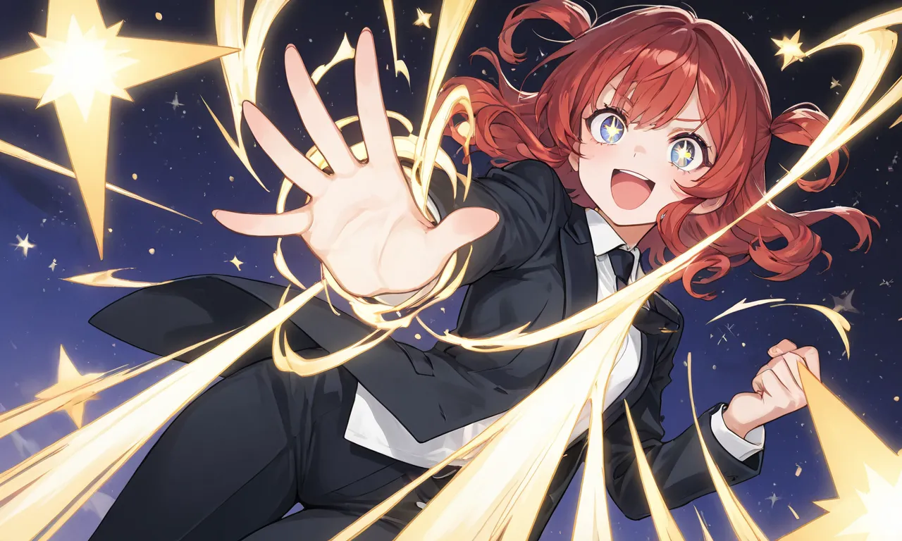 girl in suit , Hair swirling in strong winds  , Dynamic angle , clenched fists in left hand and stretched up  , excited expression  , to reach out to the my view , sparkling eyes , Star , Flash 