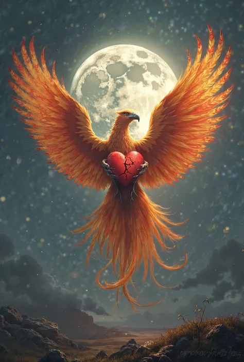 realistic broken heart, carried by a phoenix, In front of a huge full moon
