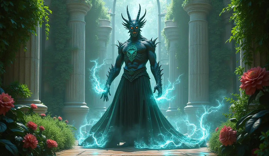 please imagine a powerful young male draconian demigod warlock. he absorbs his father's power and that of all other beings of power. setting is a lush garden mansion