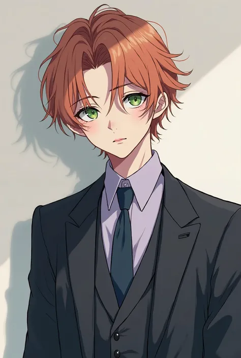 Create An anime-style illustration of a man with a melancholic and elegant appearance, inspired by Victor from  Bride. He has soft, wavy orange hair parted in the middle, framing his pale, delicate face. His large, expressive soft green eyes convey a mixtu...