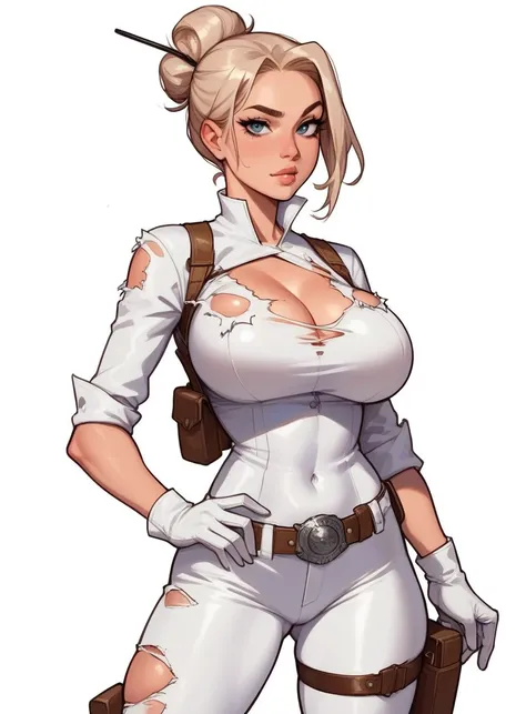 zPDXL2, source_anime,
 white background, 
cowboy shot,
fontezxl, thighs, 
1girl, solo, looking at viewer, large breasts, 
white pants,white bodysuit, belt, holster, cleavage,hair bun, torn clothes, midriff, navel, ass, white gloves,
 